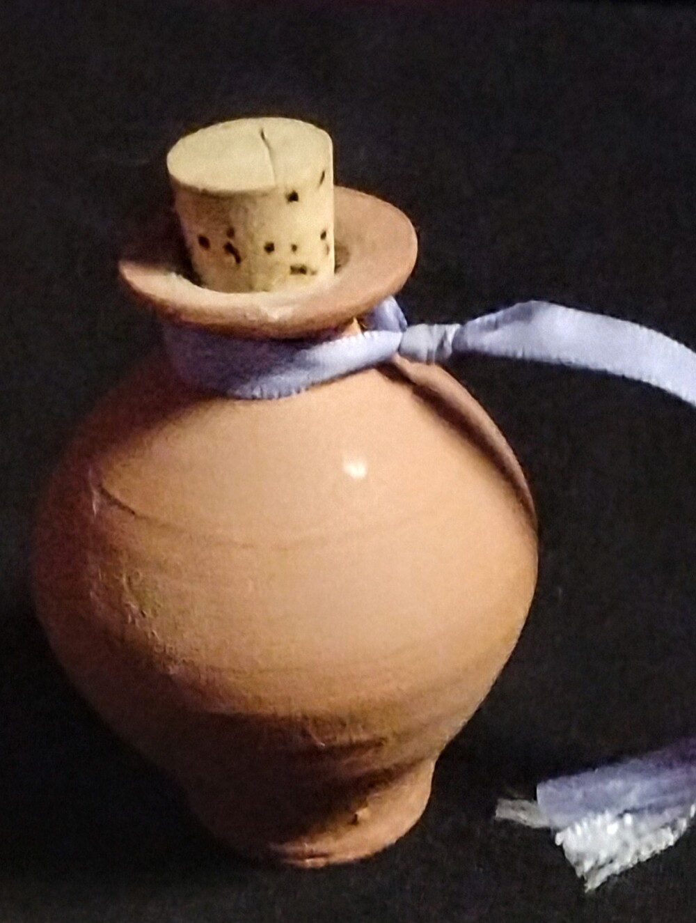 Vintage Handmade Terracotta Miniature Pottery Vessel With Cork & Lavender Ribbon